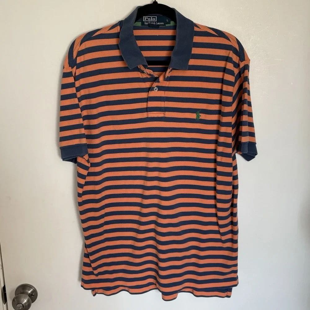 Vintage Ralph Lauren Polo Orange Blue Striped Polo Shirt Mens Large Pony Preppy